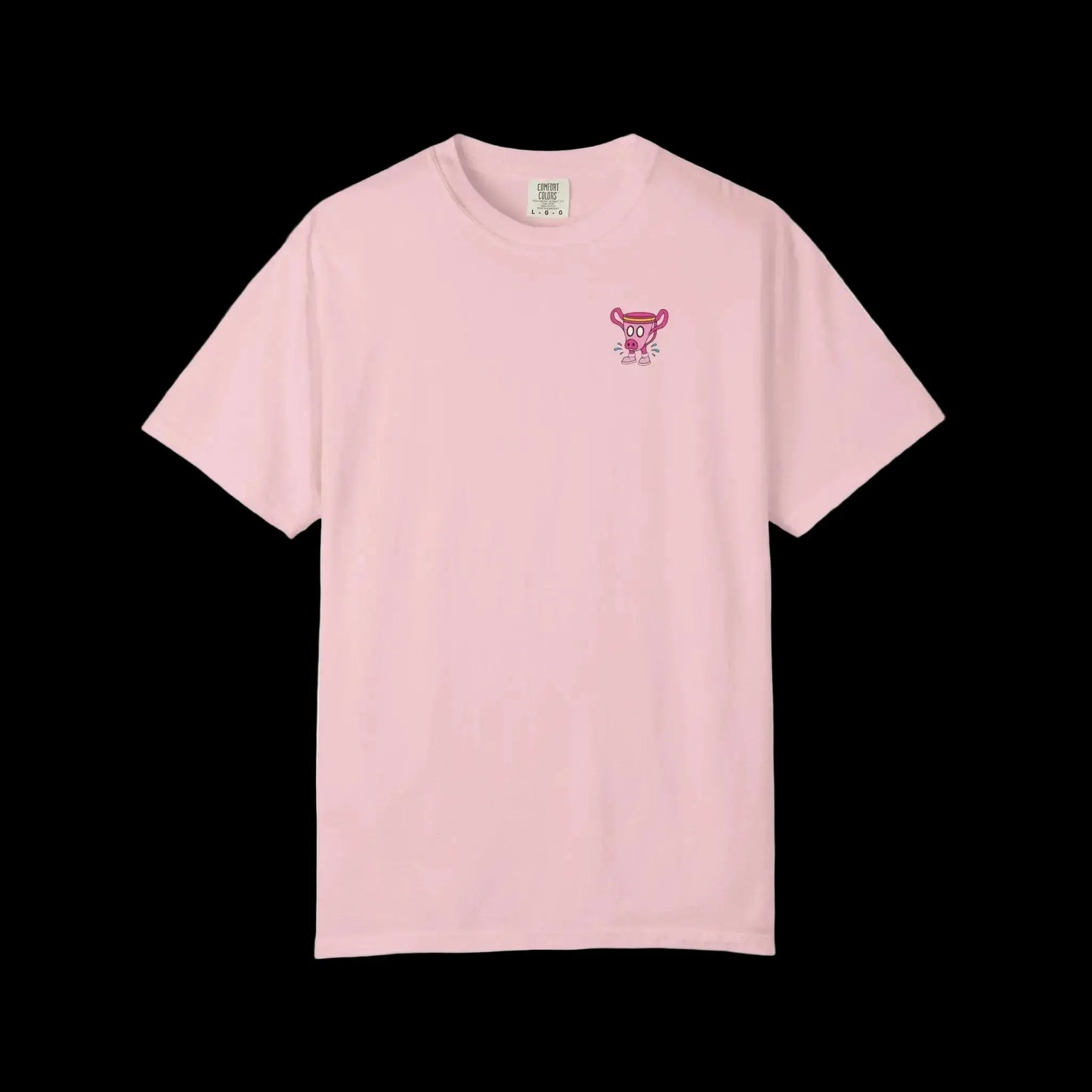 Pink pig-snouted trophy mascot wearing pink sneakers with blue sweat splashes front pocket blossom colored shirt 