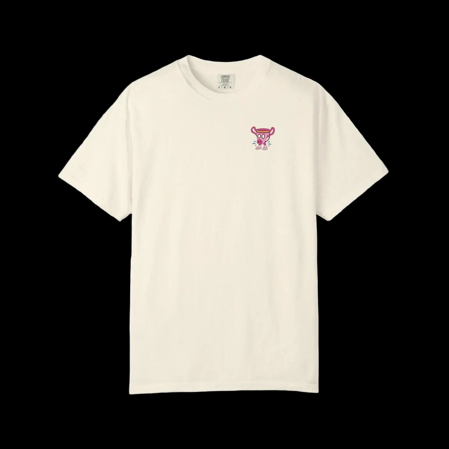 Pink pig-snouted trophy mascot wearing pink sneakers with blue sweat splashes on front pocket ivory shirt 