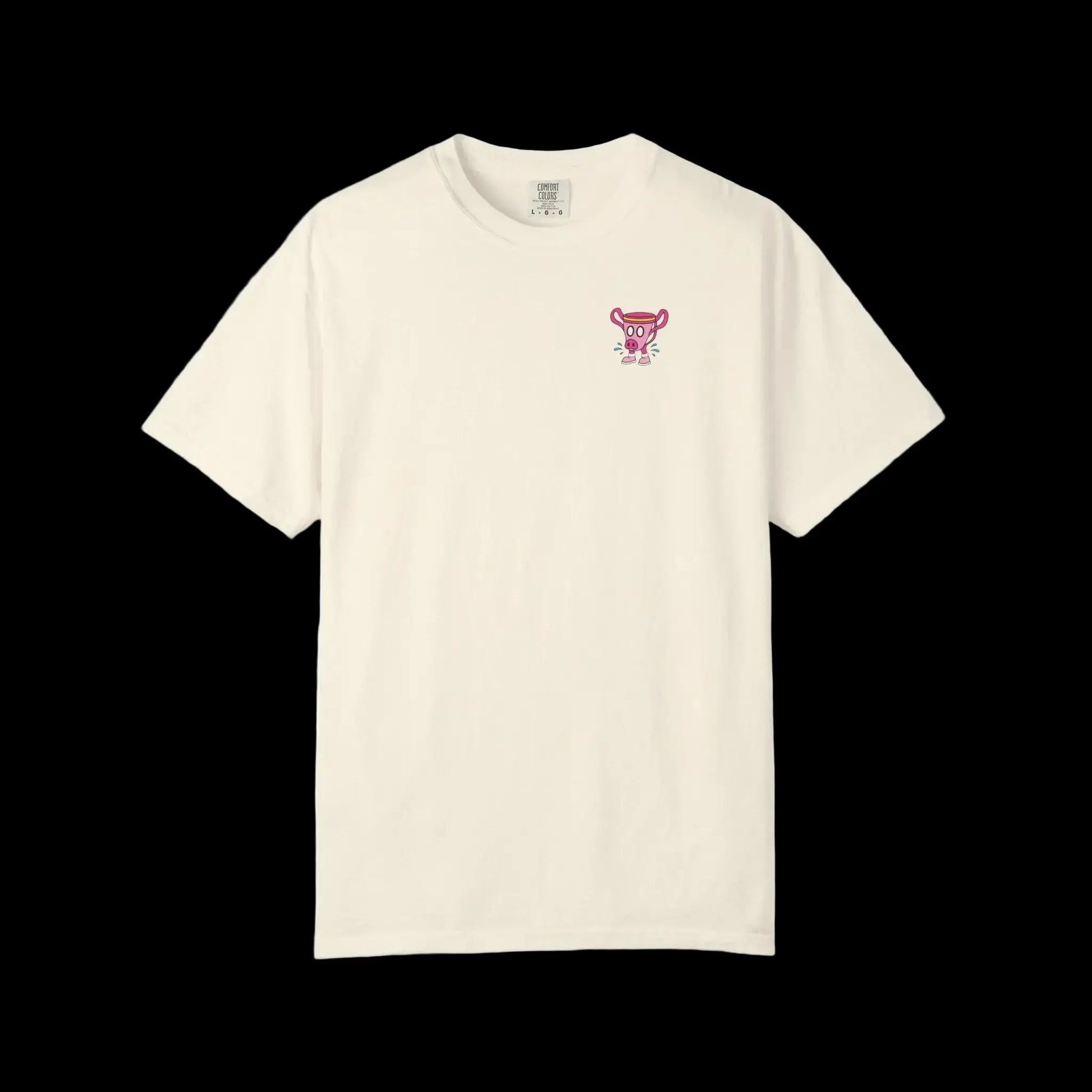 Pink pig-snouted trophy mascot wearing pink sneakers with blue sweat splashes on front pocket ivory shirt 