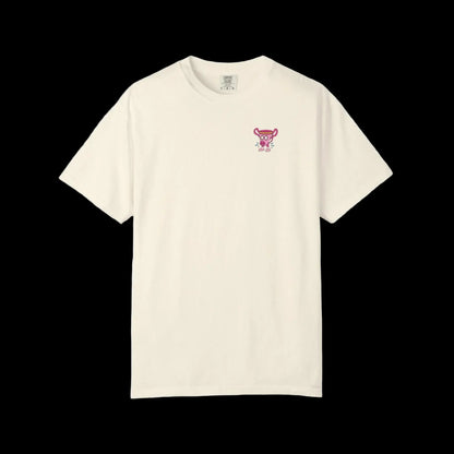 Pink pig-snouted trophy mascot wearing pink sneakers with blue sweat splashes on front pocket ivory shirt 