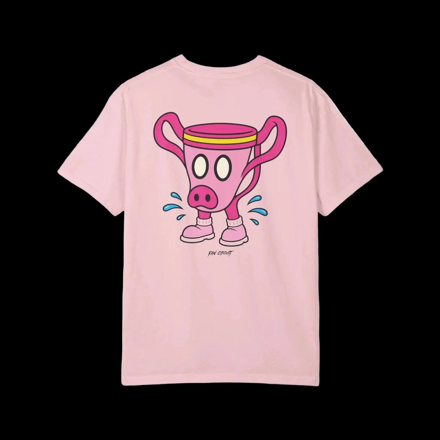 Pink pig-snouted trophy mascot wearing pink sneakers with blue sweat splashes full back graphic on blossom colored shirt 