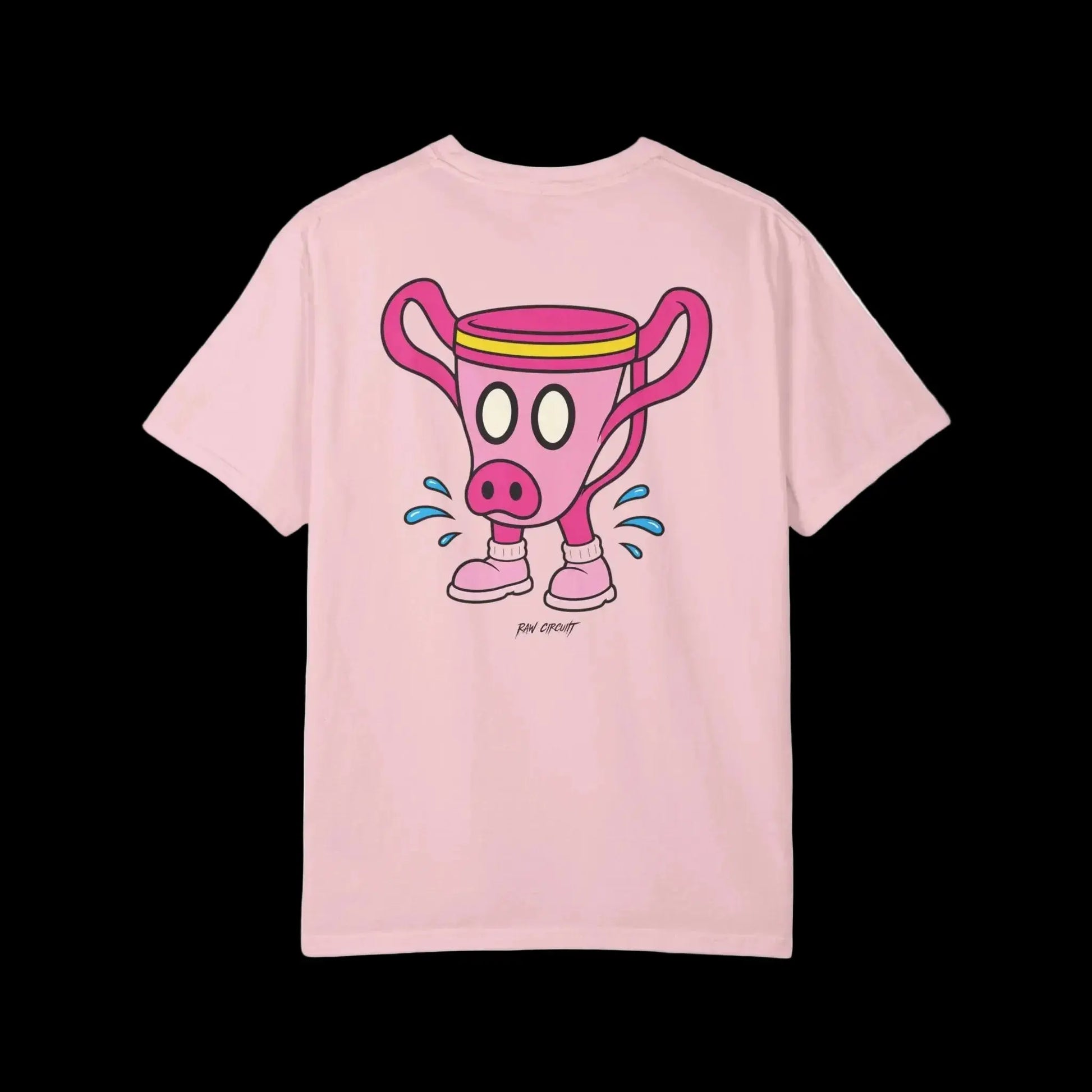 Pink pig-snouted trophy mascot wearing pink sneakers with blue sweat splashes full back graphic on blossom colored shirt 