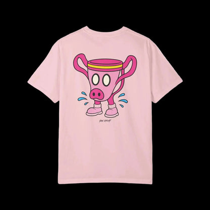 Pink pig-snouted trophy mascot wearing pink sneakers with blue sweat splashes full back graphic on blossom colored shirt 