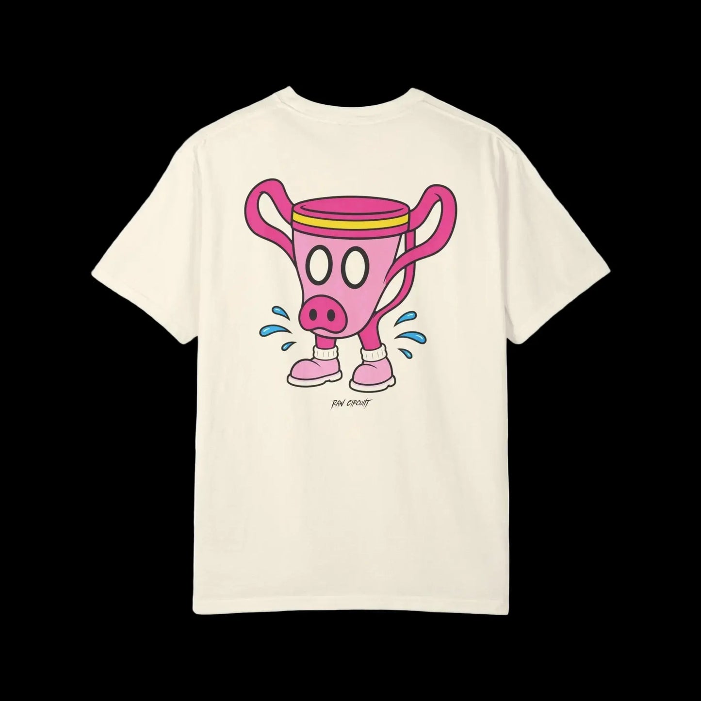 Pink pig-snouted trophy mascot wearing pink sneakers with blue sweat splashes on full back graphic on ivory shirt 