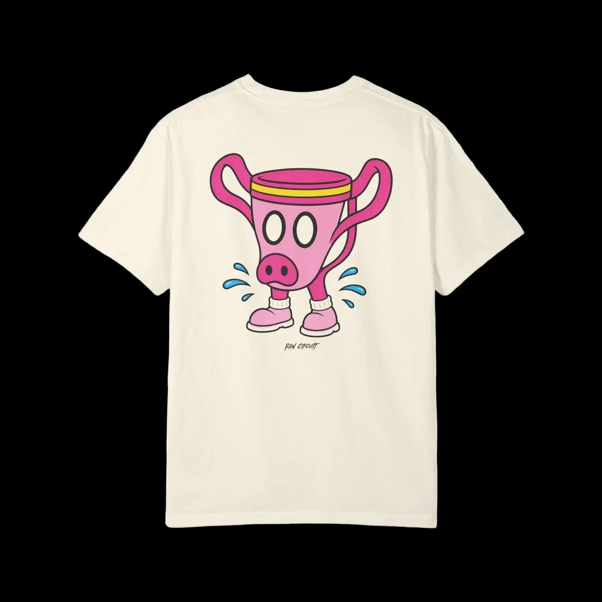 Pink pig-snouted trophy mascot wearing pink sneakers with blue sweat splashes on full back graphic on ivory shirt 