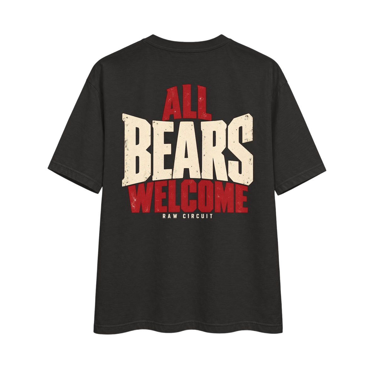 Black Raw Circuit Bear Country tee with oversized All Bears Welcome graphic in aged bone and molten red.