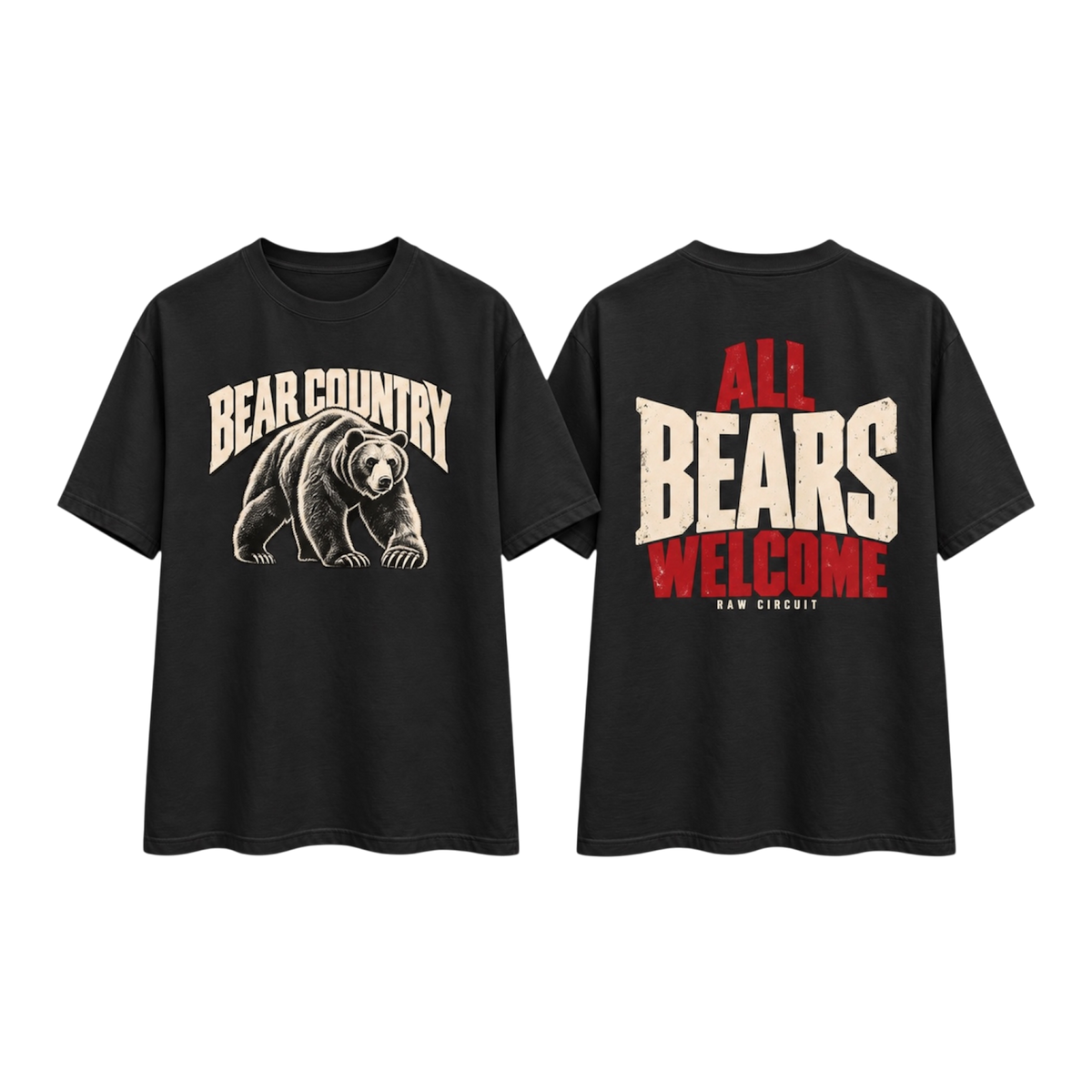 Front and back views of a black Raw Circuit Bear Country heavyweight tee featuring a bear graphic on the front and All Bears Welcome artwork on the back.