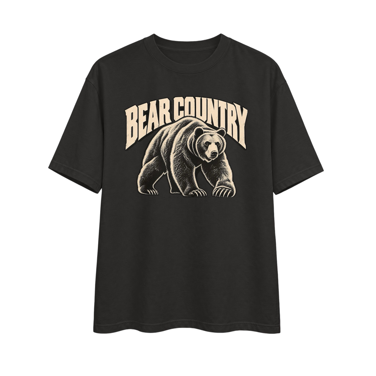 Black Raw Circuit Bear Country heavyweight tee with aged-bone bear illustration and arched Bear Country lettering.