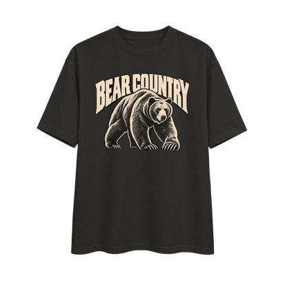 Black Raw Circuit Bear Country heavyweight tee with aged-bone bear illustration and arched Bear Country lettering.