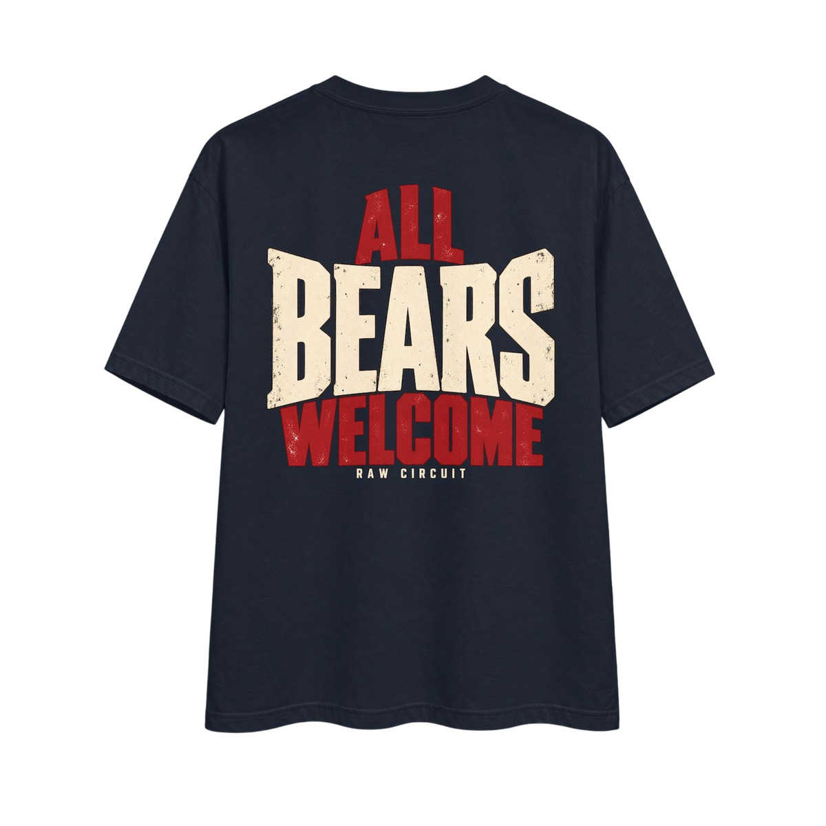 Midnight navy Raw Circuit Bear Country tee with oversized All Bears Welcome graphic in aged bone and molten red.