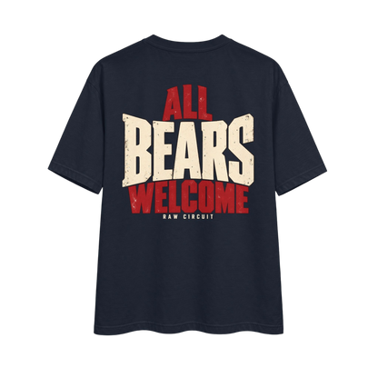 Midnight navy Raw Circuit Bear Country tee with oversized All Bears Welcome graphic in aged bone and molten red.