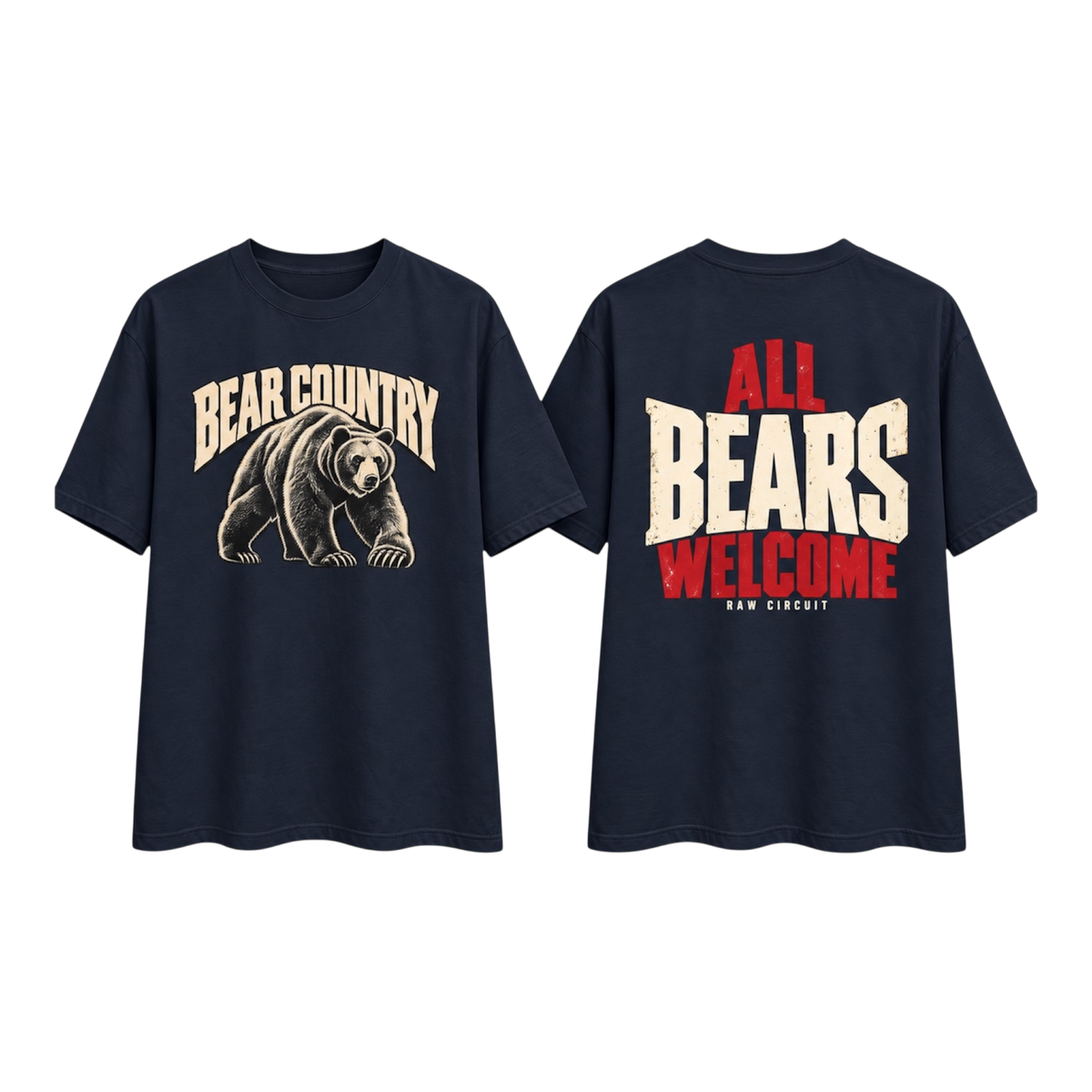 Front and back views of a midnight navy Raw Circuit Bear Country heavyweight tee featuring a bear graphic on the front and All Bears Welcome artwork on the back.