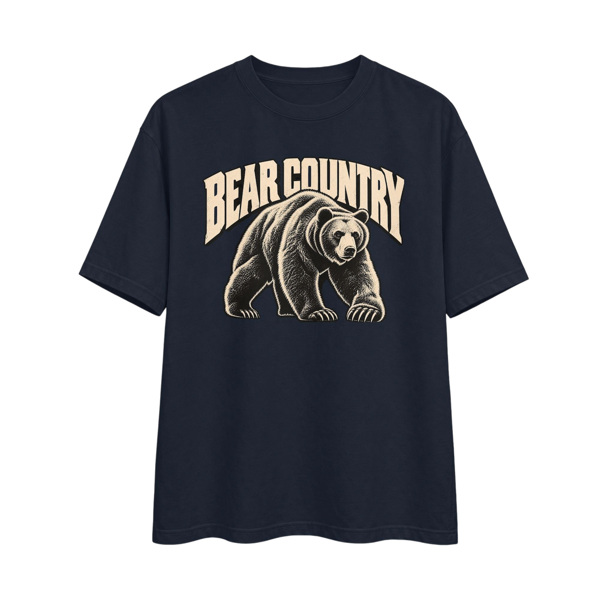 Midnight navy Raw Circuit Bear Country heavyweight tee with aged-bone bear illustration and arched Bear Country lettering.