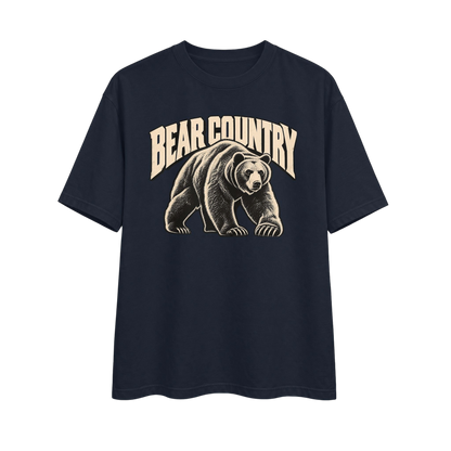 Midnight navy Raw Circuit Bear Country heavyweight tee with aged-bone bear illustration and arched Bear Country lettering.