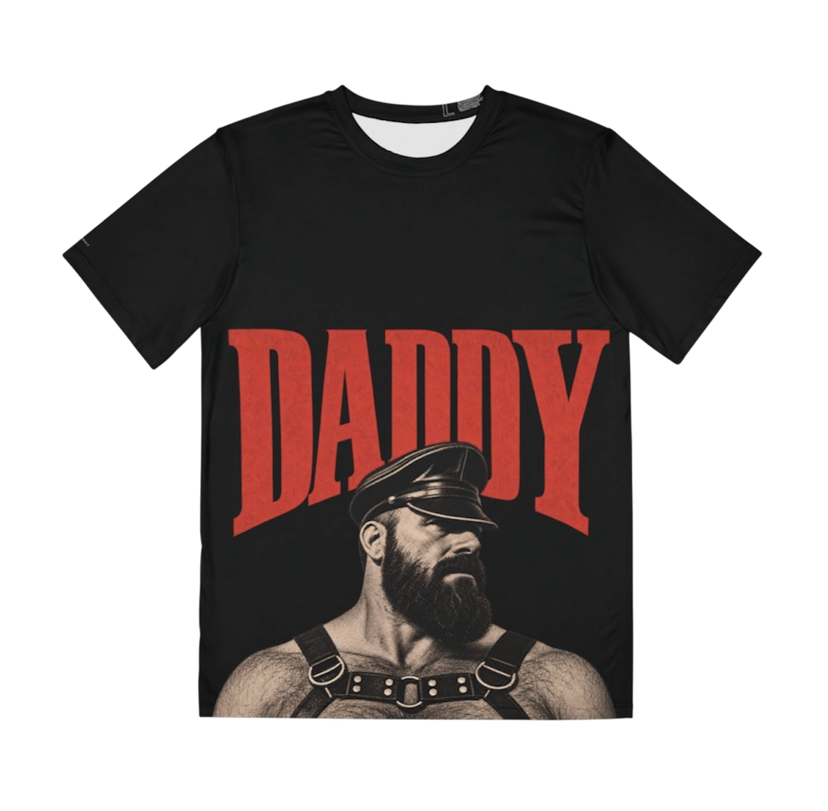 Daddy graphic on a black shirt with oversized red lettering and leather-scene portrait artwork