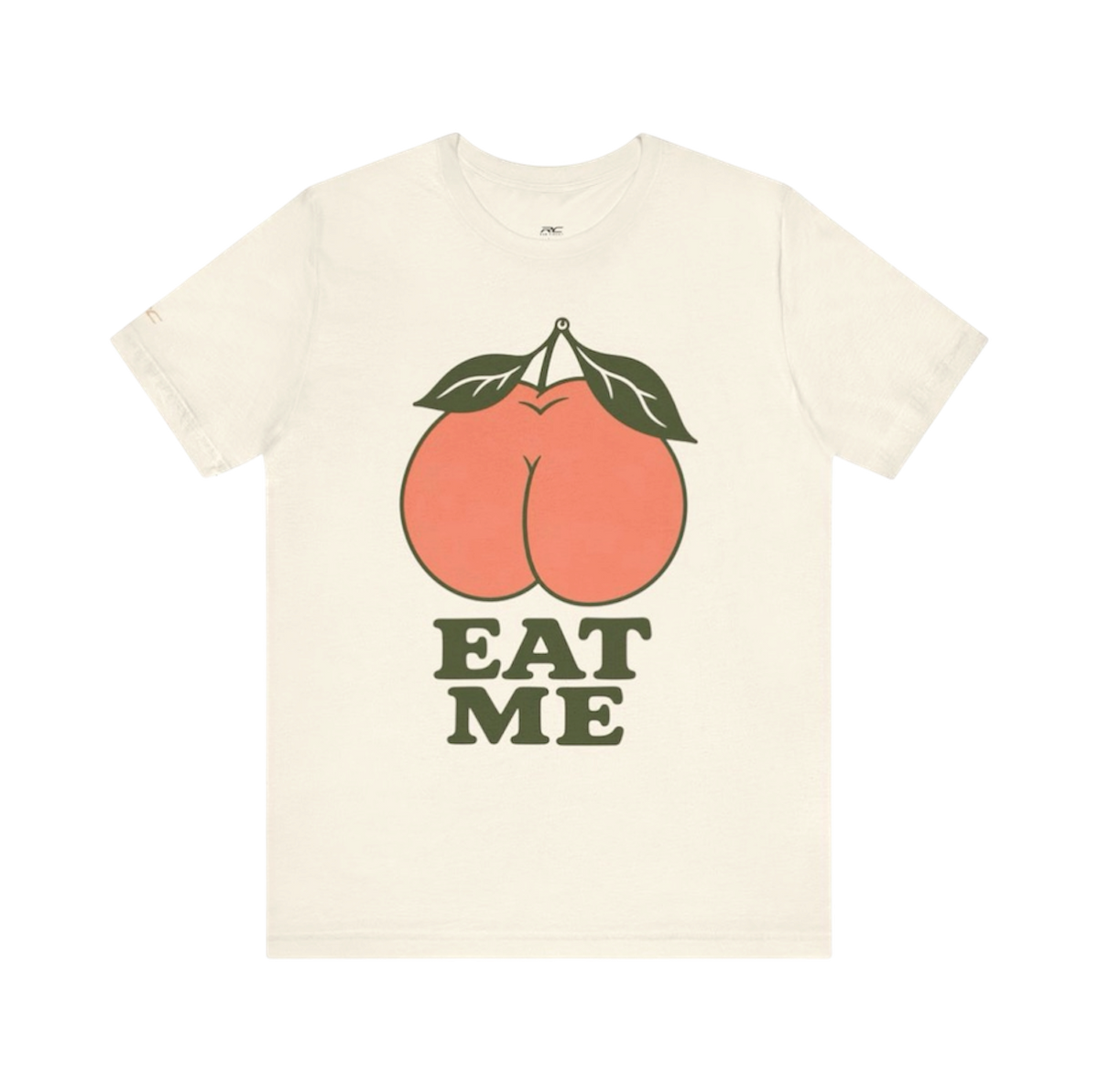 Natural EAT ME graphic tee with oversized coral peach, olive leaves and retro lettering.