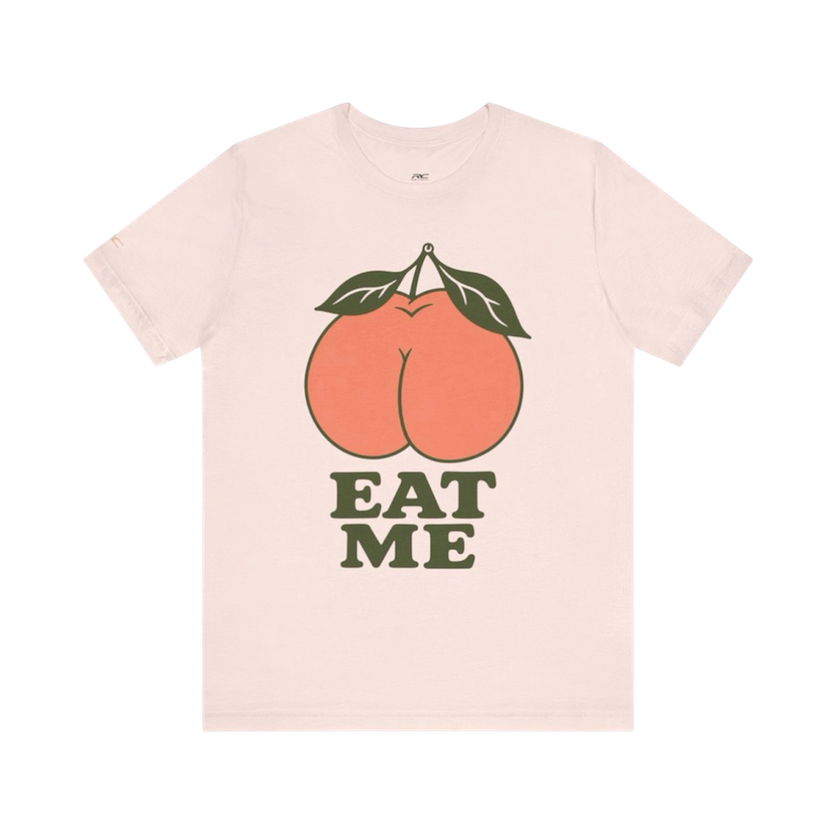 Soft Pink EAT ME graphic tee with oversized coral peach and dark olive retro lettering.