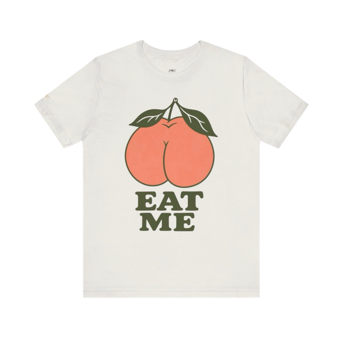 Vintage White EAT ME graphic tee with oversized coral peach and dark olive typography.