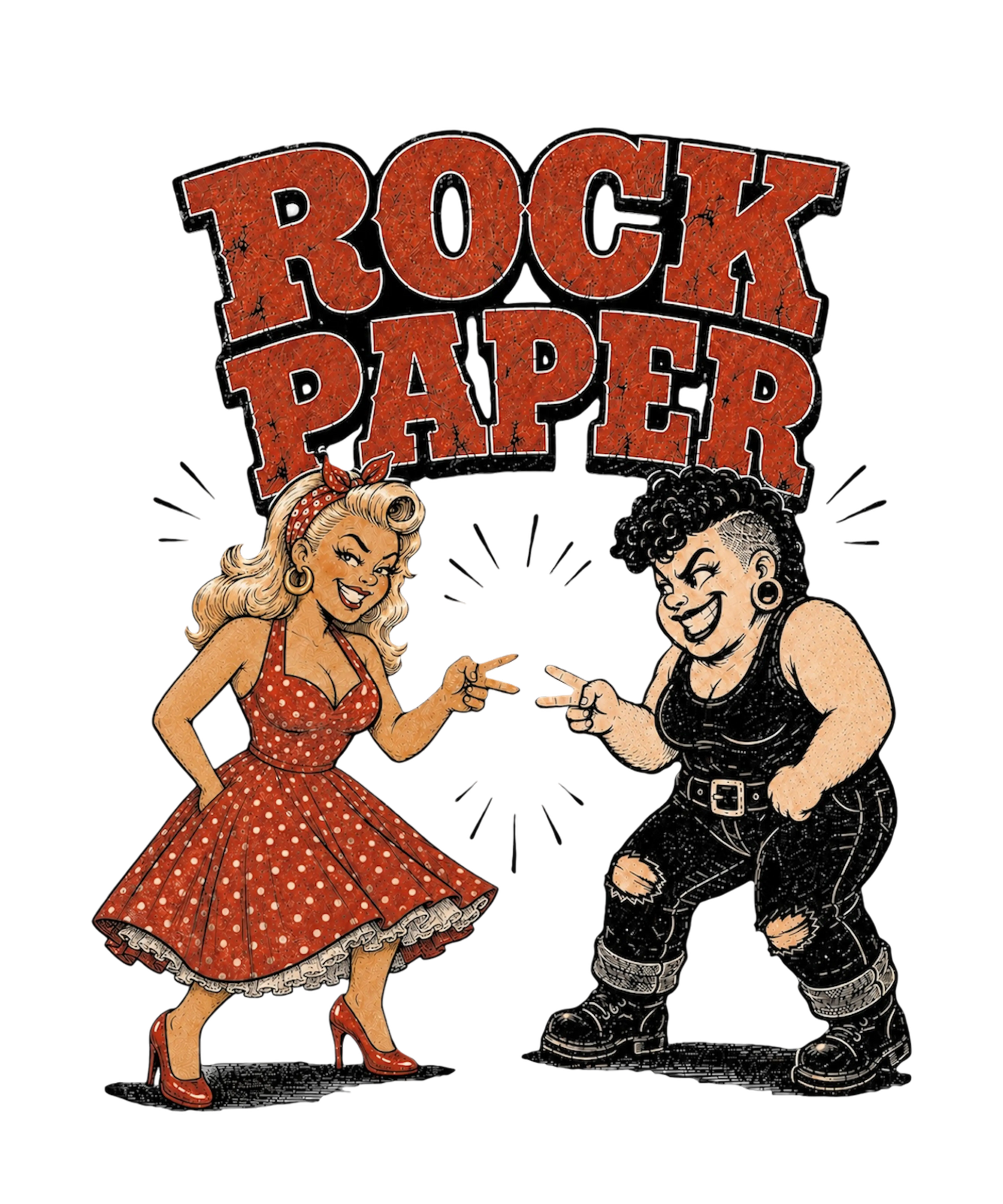 Vintage rockabilly pinup and tattooed character facing off beneath Rock Paper typography.