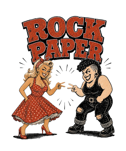 Vintage rockabilly pinup and tattooed character facing off beneath Rock Paper typography.