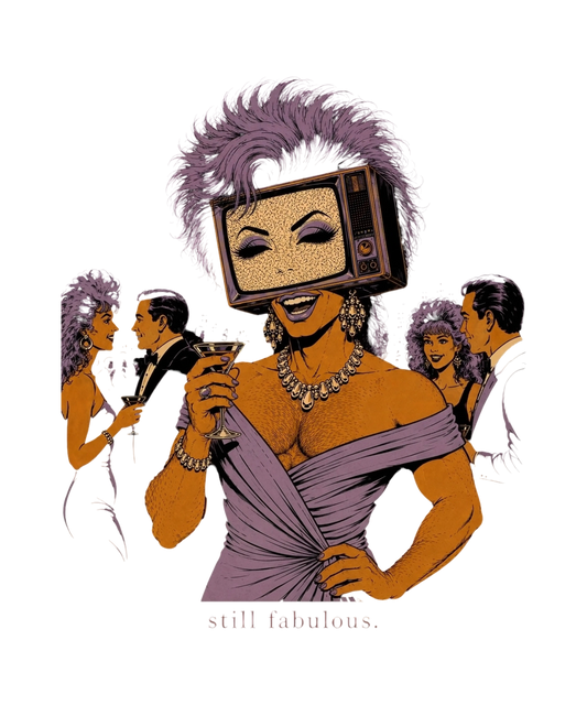 Retro pop-art illustration of a glamorous masculine figure with a vintage TV head, dusty lavender teased wig, dramatic makeup, visible smiling mouth, rhinestone jewelry, and a draped lavender evening gown at an upscale 1980s cocktail party. Muscular masculine body with broad shoulders and chest hair, rendered in muted lavender, plum, cream, and black with halftone comic texture and neon noir atmosphere. Bottom text reads: “still fabulous.”