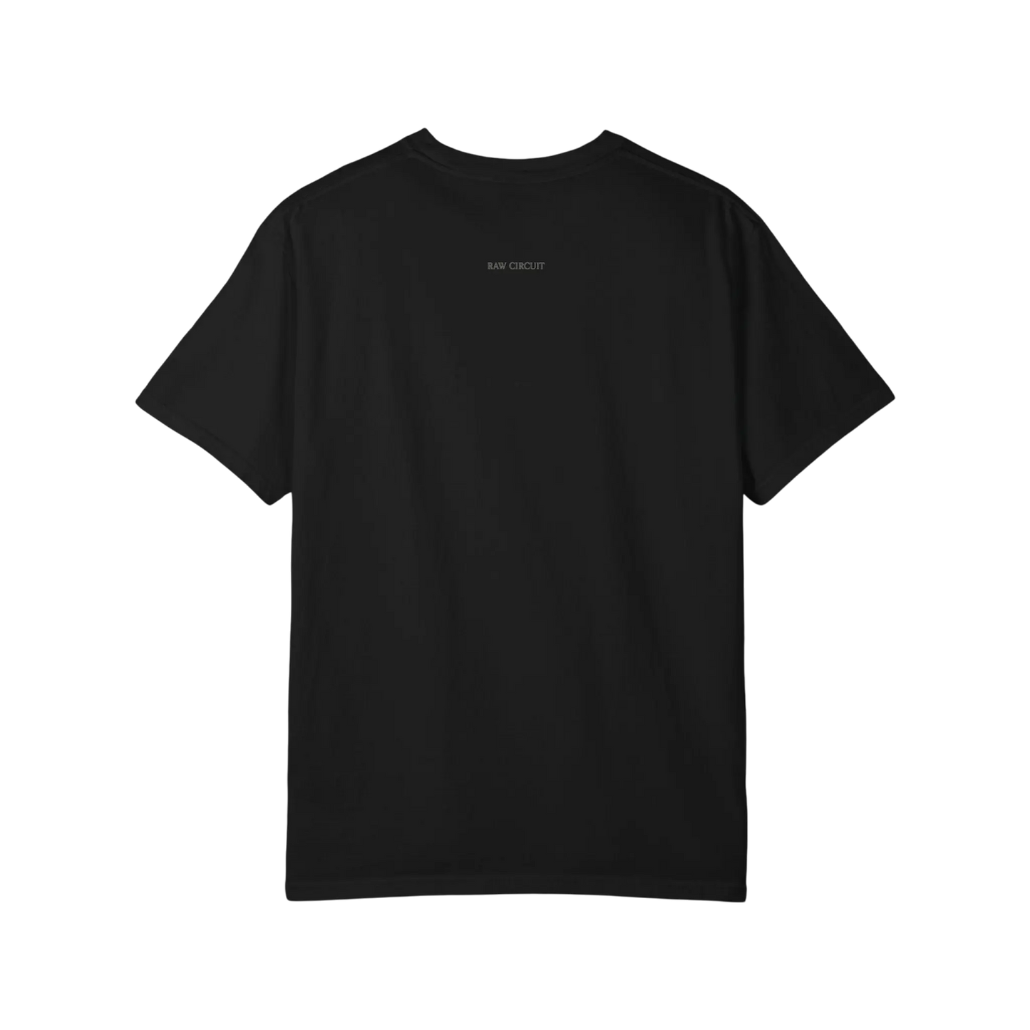 Minimal black tee with small centered “RAW CIRCUIT” text at the upper back in subtle muted lavender-gray typography.