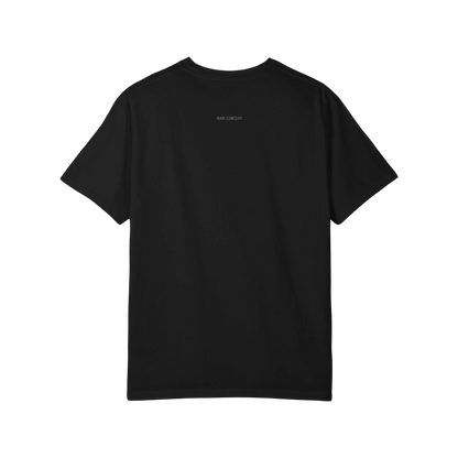 Minimal black tee with small centered “RAW CIRCUIT” text at the upper back in subtle muted lavender-gray typography.