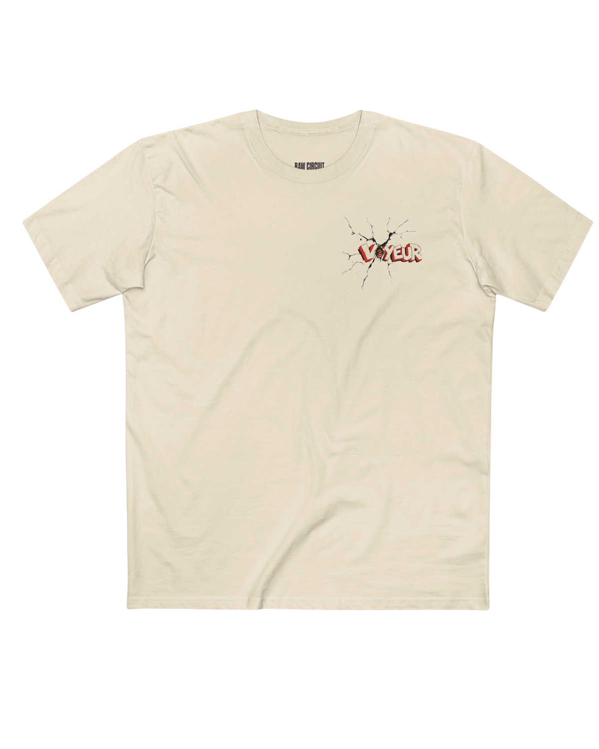Natural-colored RAW CIRCUIT VOYEUR graphic tee with a small distressed red-and-ivory wordmark and black cracked details on the left chest.