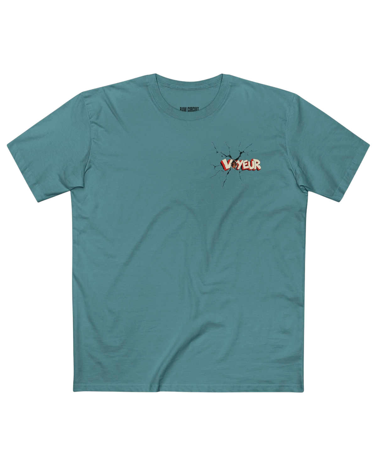 Slate Blue RAW CIRCUIT VOYEUR graphic tee featuring distressed red-and-ivory lettering with fine black fractures on the left chest.