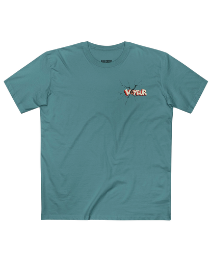 Slate Blue RAW CIRCUIT VOYEUR graphic tee featuring distressed red-and-ivory lettering with fine black fractures on the left chest.