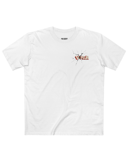 White RAW CIRCUIT VOYEUR graphic tee featuring small red-and-ivory fractured lettering with black crack details on the left chest.