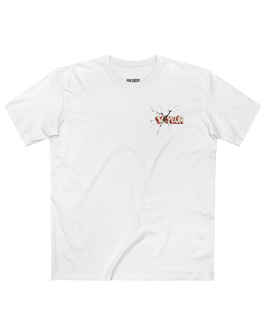 White RAW CIRCUIT VOYEUR graphic tee featuring small red-and-ivory fractured lettering with black crack details on the left chest.