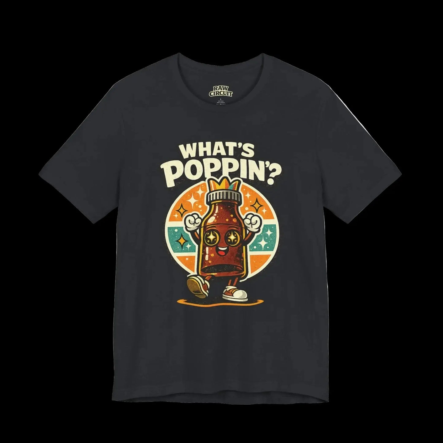 Black t-shirt with a colorful graphic and text 'What's Poppin’?