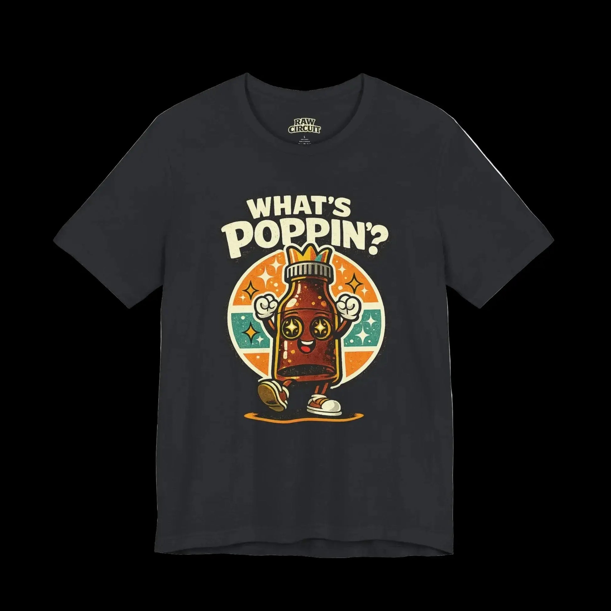 Black t-shirt with a colorful graphic and text 'What's Poppin’?
