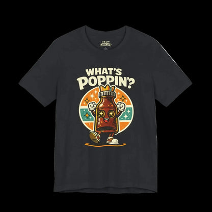 Black t-shirt with a colorful graphic and text 'What's Poppin’?