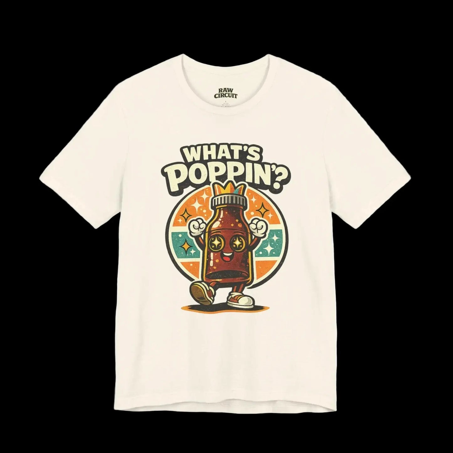 White t-shirt with a colorful graphic design featuring a bottle and text on a white background
